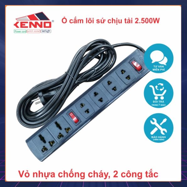 Ổ cắm 6 lỗ lõi sứ Qled/Kenno 4 tròn dẹt và 2 đa năng dây nguồn 2,5m và 4.5m Công suất  2200W