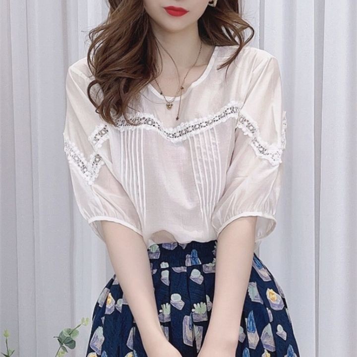 Mùa Hè 2025 Thời Trang Nữ Cao Cấp Rời Và Mỏng Retro Ren Nối Nửa Tay Áo Sơ Mi Voan