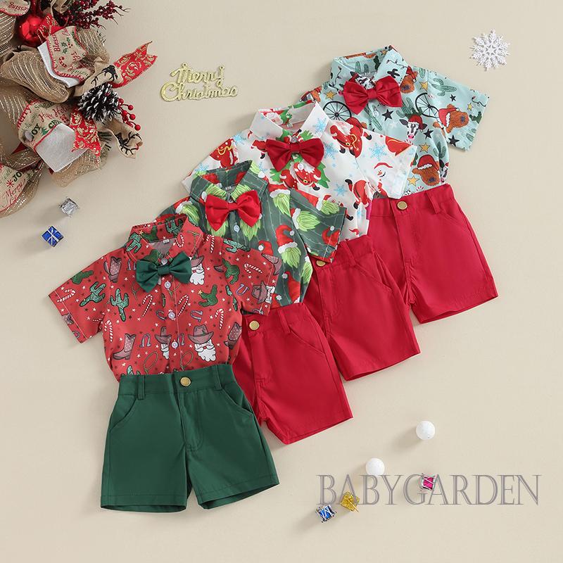 Baga- Bộ Đồ 2 Món Áo Sơ Mi In Họa Tiết Ông Già Noel + Quần Ngắn Cho Bé Trai 6 Tháng-4 Tuổi