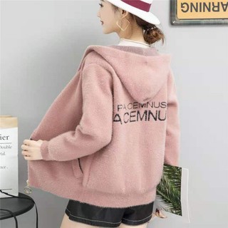 Áo Khoác cardigan Dệt Kim Giả Lông Chồn Dày Dặn Dáng Rộng Ngắn Có Mũ Trùm Thời Trang Thu Đông Cho Nữ