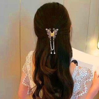 Kẹp Tóc Hình Bướm Đính Ngọc Trai Giả Bằng Kim Loại Phối Tua Rua Lưng Thanh Lịch