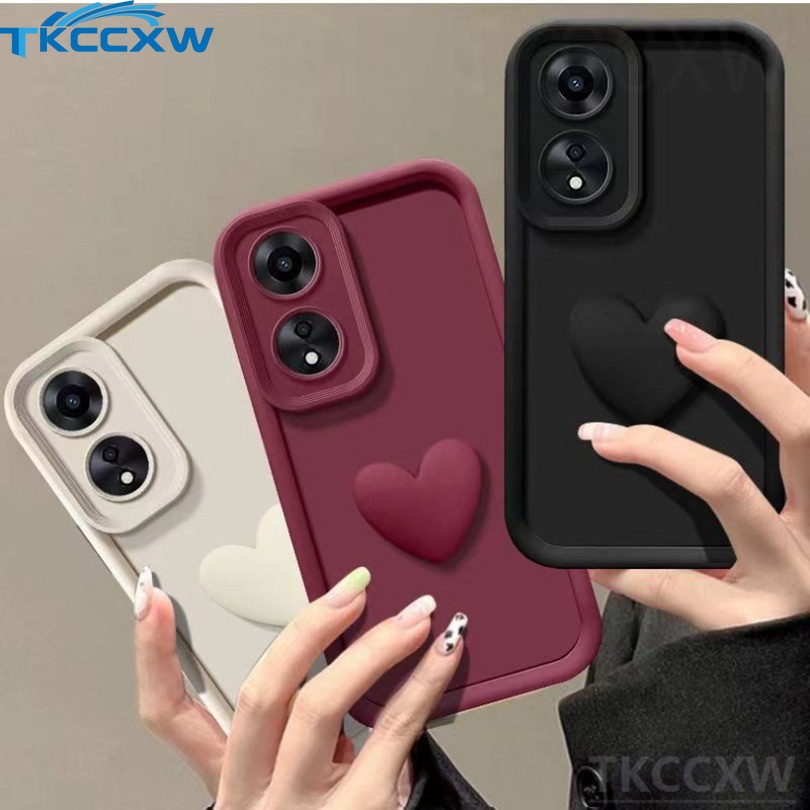 Ốp Điện Thoại Silicon Màu Trơn Gắn Hình Trái Tim 3D Dễ Thương Cho OPPO A79 A17 A17K A58 A78 A77 A57 A38 A18 A96 A76