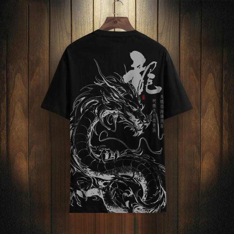 Áo thun ngắn tay in hình rồng phong cách Trung Quốc cho nam, oversized, thoáng khí, cổ tròn, tay ngắn mùa hè
