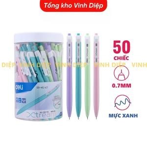 Bút bi bấm văn phòng mực xanh ngòi 0.7mm Deli hộp 50 chiếc giá rẻ viết nét đều trơn tru EQ03336