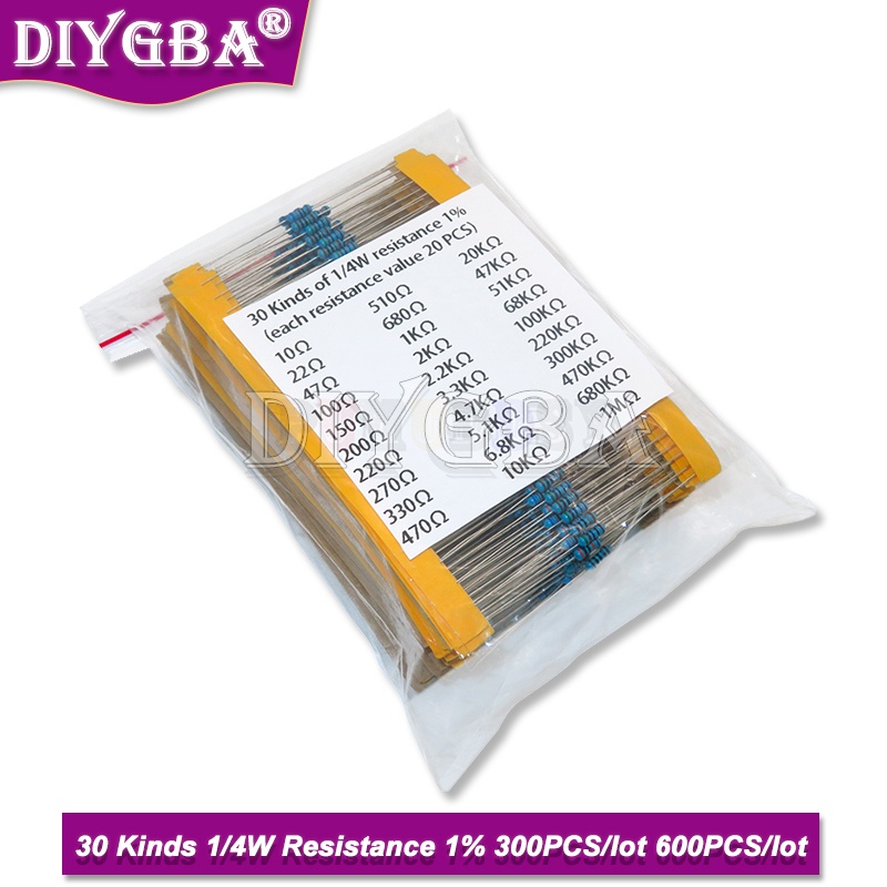 Bộ 600 Linh Kiện Điện Trở Màng Kim Loại 30K 100k 220ohm 1m 300 Cái 1k 10k 100k 220ohm 1m