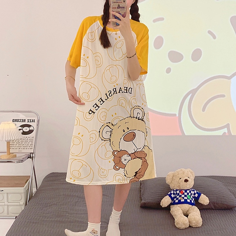 Đầm Ngủ Liền Thân Ngắn Tay Cổ Tròn Dáng Rộng Họa Tiết Hoạt Hình Dễ Thương Cho Nữ Lff0927