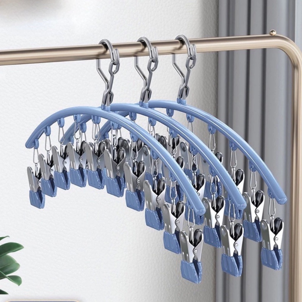 Móc 10 kẹp INOX có bọc nhựa treo quần áo trẻ em, khăn. Kẹp phơi quần áo trùm nhiều khuy chống rơi