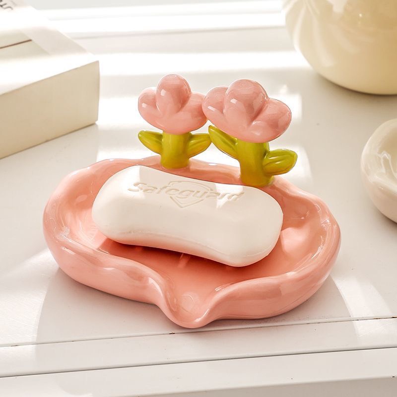 Khay Đựng Xà Phòng Không Tích Nước Bằng Gốm Sứ Hoạ Tiết Hoa Tulip Để Nhà Tắm