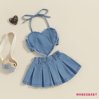 Mgg-toddler Girls 2 Bộ Trang Phục Denim Không Tay Dây Cổ Trái Tim + Bộ Váy Xếp Ly Quần Áo Trẻ Em