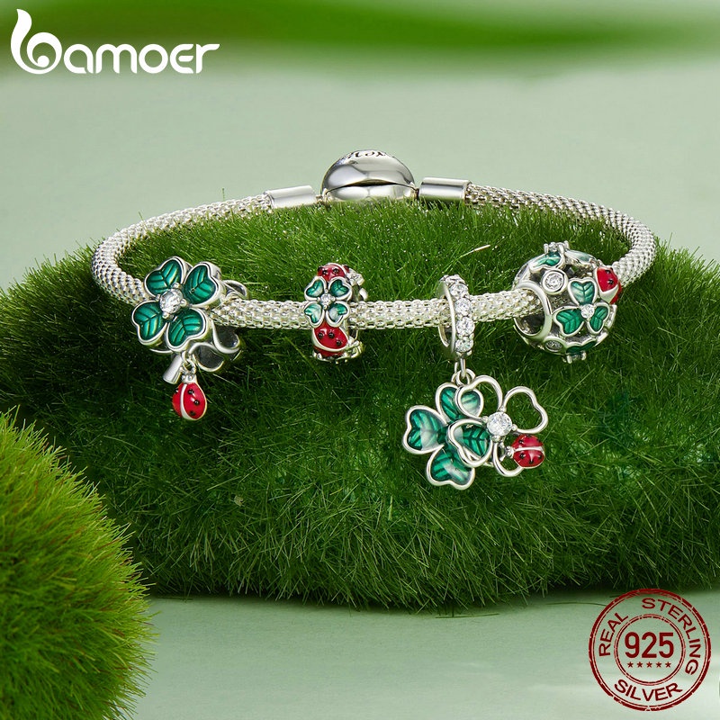 Mặt dây chuyền bạc sterling 925 BAMOER hình cỏ bốn lá