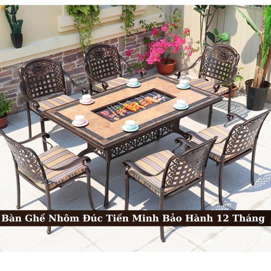 Bàn Ghế Nhôm Đúc Họa Tiết Hoa Sen Sân Vườn Ghế 6 chiếc+1 Bàn chữ nhật Nhôm Đúc Nhập Khẩu - TM18