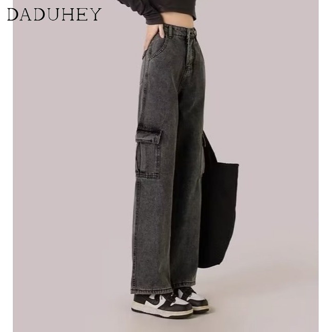 Ảnh DaDuHey New American Style Multi-pocket Work Jeans Niche High Waist Wide Leg Pants plus Size Trousers 4