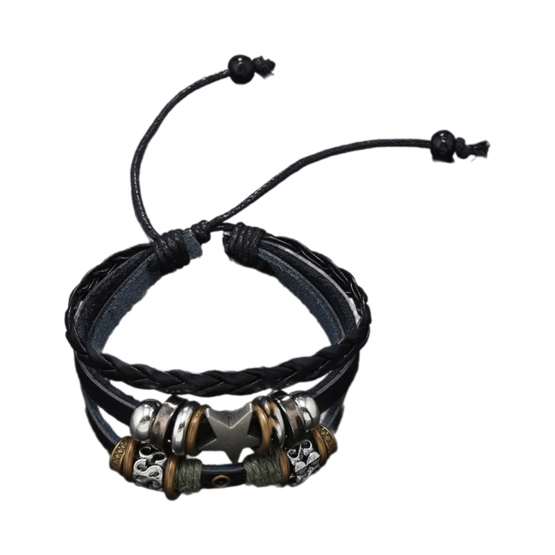 Vua Vintage Vòng tay da nhiều lớp Punk ngôi sao đính hạt, trang sức quấn cho nữ