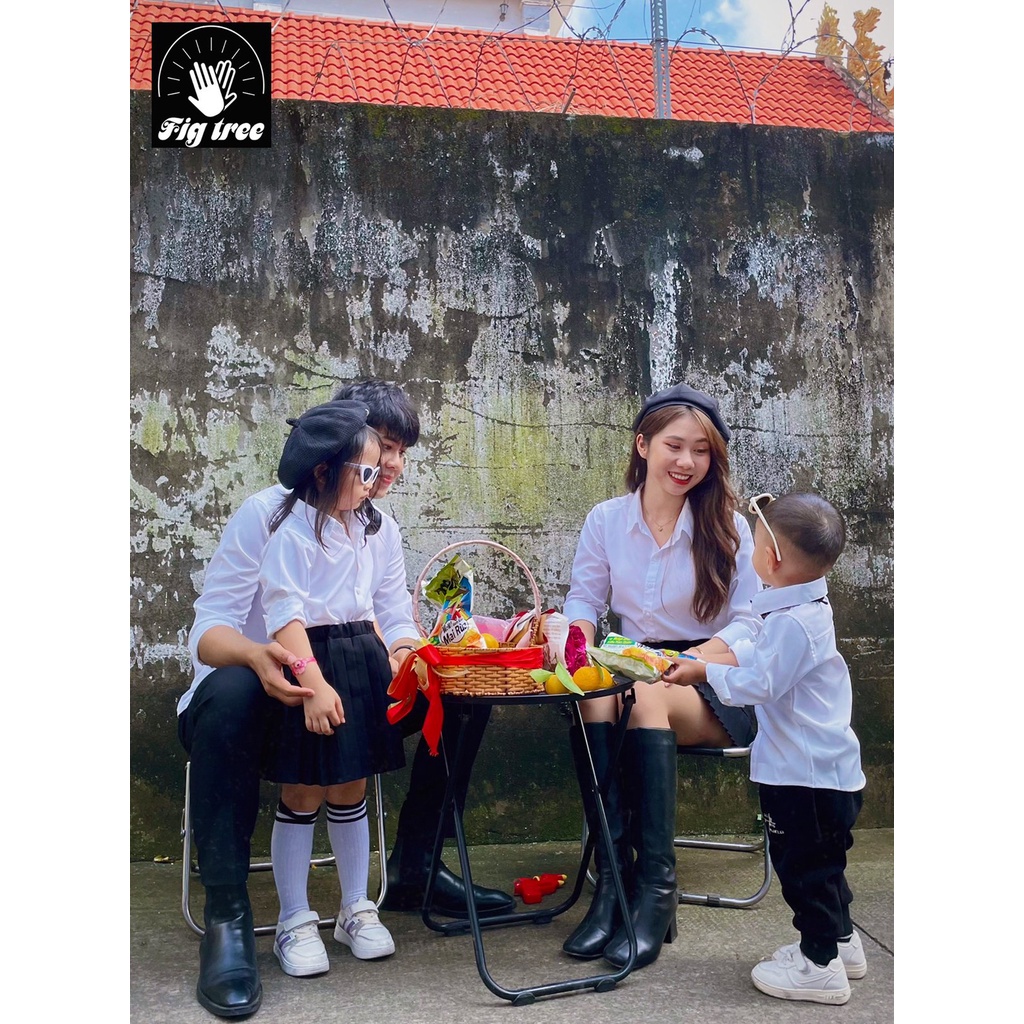 Set Áo Sơ Mi Gia Đình Fig Tree Màu Trắng Cho Gia Đình Đi Tiệc Thời Trang Giản Dị, Full size 8-110kg