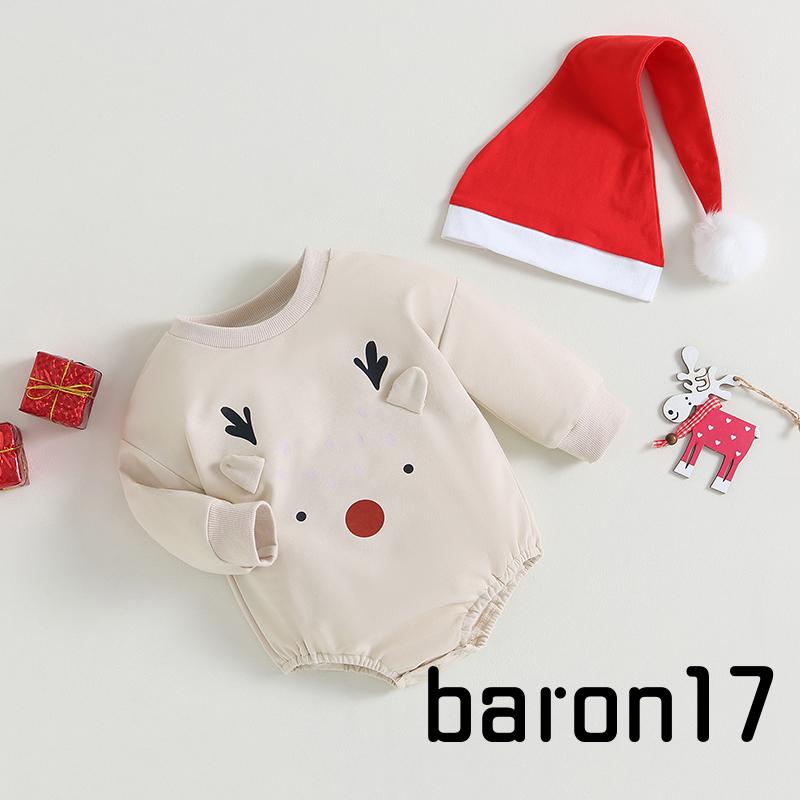 2 Chiếc Trang Phục Giáng Sinh Cho Bé Tay Dài Cổ Tròn Nai Sừng Tấm In Áo Liền Quần + Mũ Trang Phục Cho Bé Trai Bé Gái