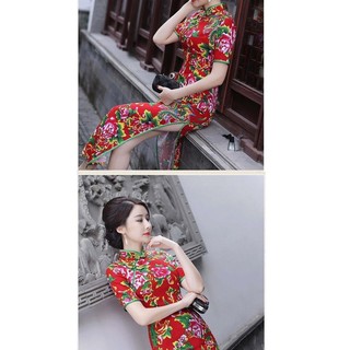 Sườn Xám Cách Tân Dáng Dài Họa Tiết Hoa Lớn Phong Cách Bắc Âu Cổ Điển Thời Trang Cho Nữ