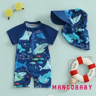 Mg-toddler Bé Trai Rash Guard Đồ Bơi Playsuits In Hình Cá Mập Dây Kéo Tay Ngắn Chống Nắng Bộ Đồ Tắm Có Mũ Bơi