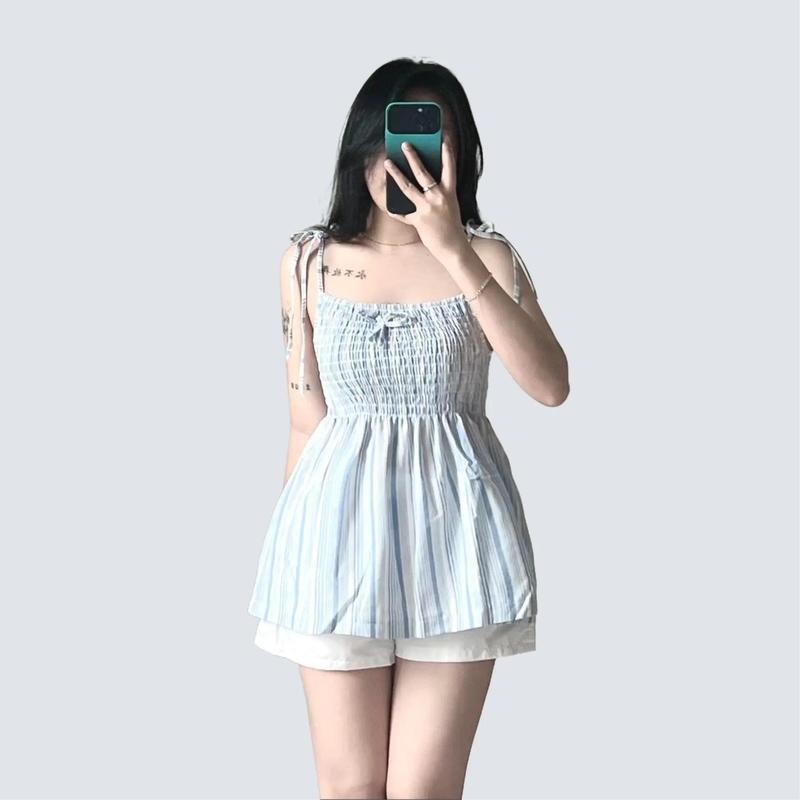 Áo hai dây sọc thổ cẩm , áo hai dây cột nơ chất linen mát thiết kế mocking nhún ôm dáng phối nơ điệu đà-A34