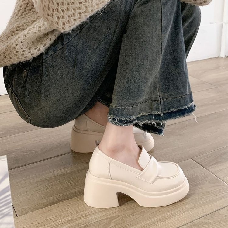 Phong Cách Anh Mũi Tròn Màu Trơn Cao Gót Quần Lót PU Bao Chân Thời Trang Chống Trơn Trượt Chống Mài Mòn Nữ Hàng Ngày Đi Lại Giày Da Nhỏ Nhà Máy Giá Bán Buôn