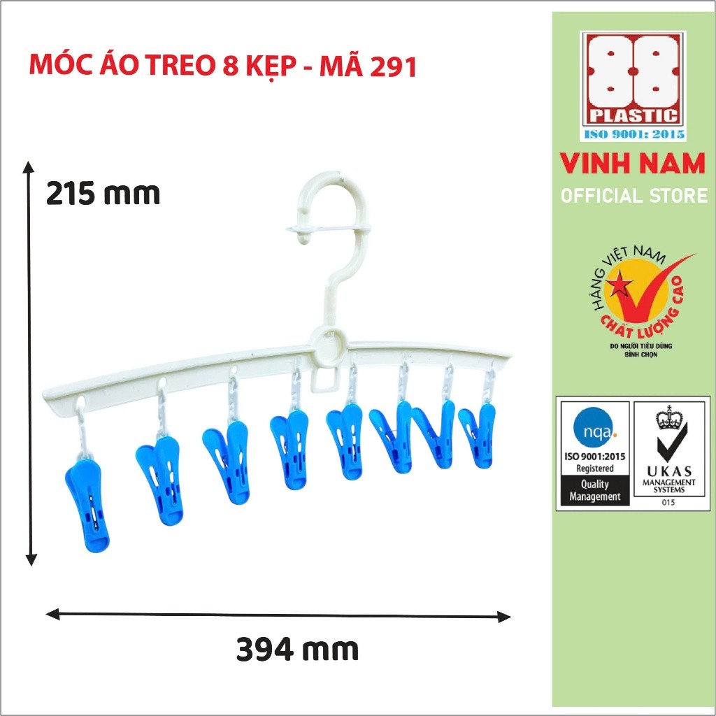 Móc Áo Treo 8 Kẹp Vinh Nam Plastic Chất Liệu Nhựa PP, Bền Bỉ, Dễ Dàng Sử Dụng Nhiều Màu Mã 291
