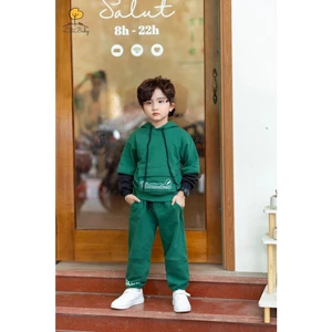 Bộ bé trai nỉ LITIBABY mũ túi trước cho bé từ 14kg - 43kg