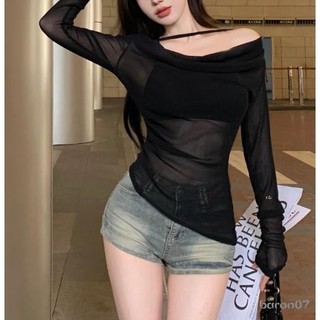 Áo sơ mi nữ lệch vai Sheer Halter Áo cơ bản dài tay có áo ống Bộ 2 mảnh cho quần áo thẩm mỹ dạo phố