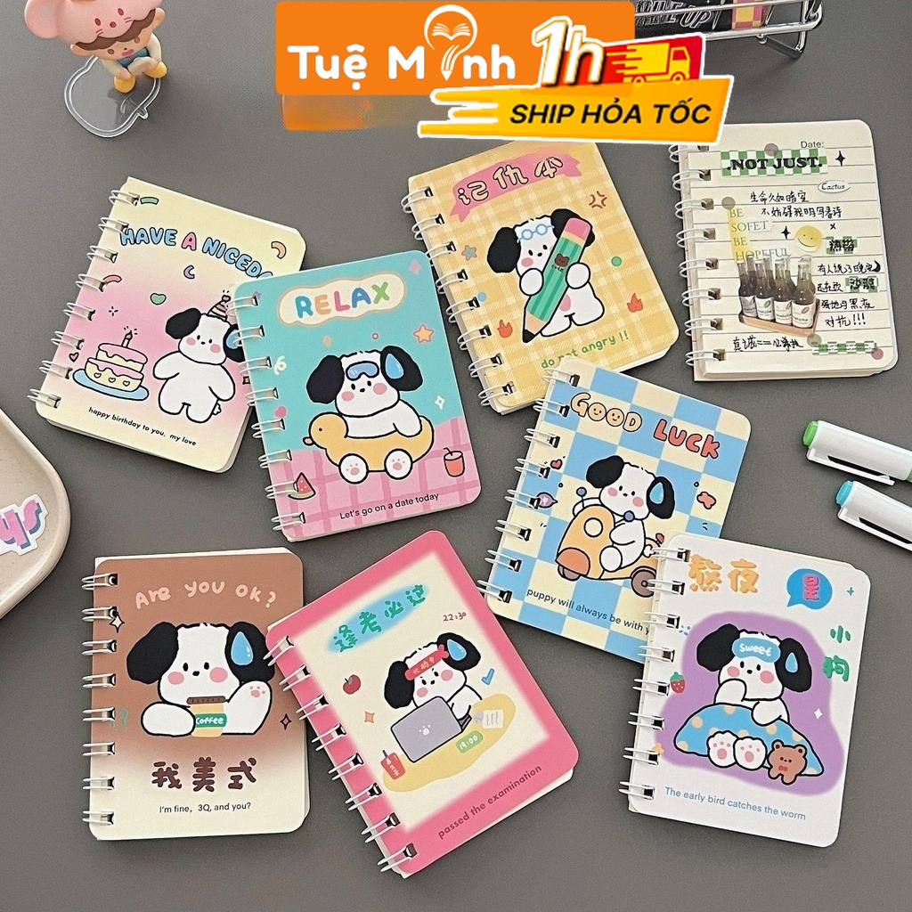 Sổ mini đáng yêu hoạ tiết dễ thương, sổ tay A7 lò xo kép S19 150 trang ...