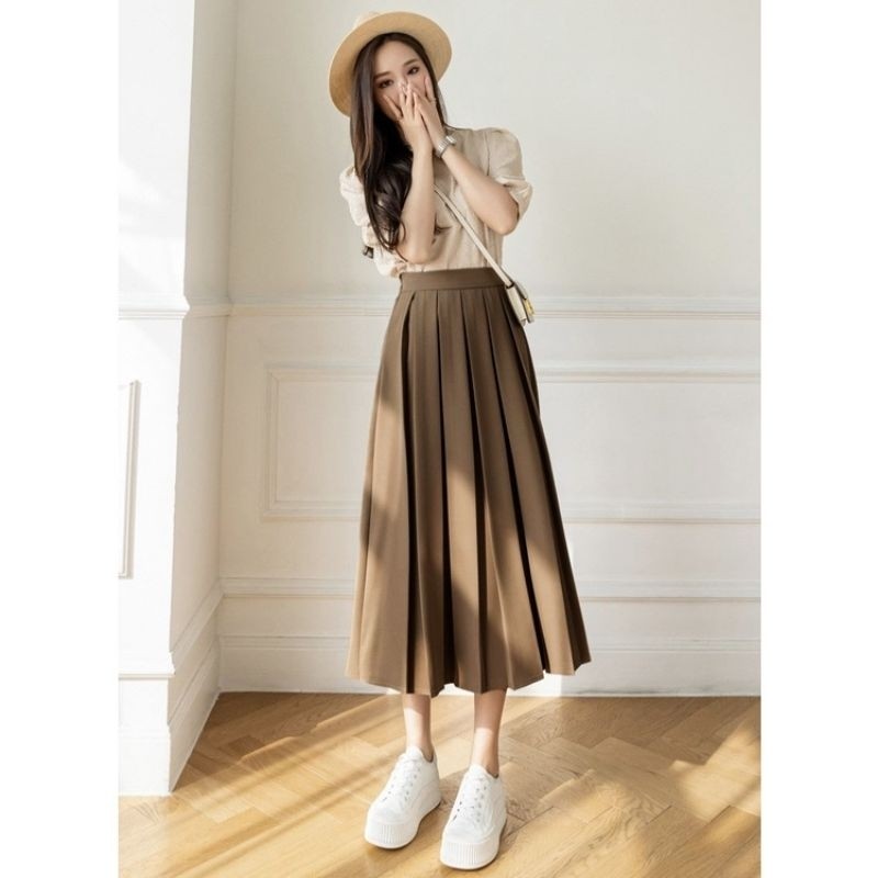 Chân váy xếp ly midi nữ dáng dài cạp cao có khóa