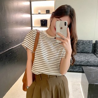 Áo thun nữ baby tee cotton kẻ sọc ngắn tay cổ tròn