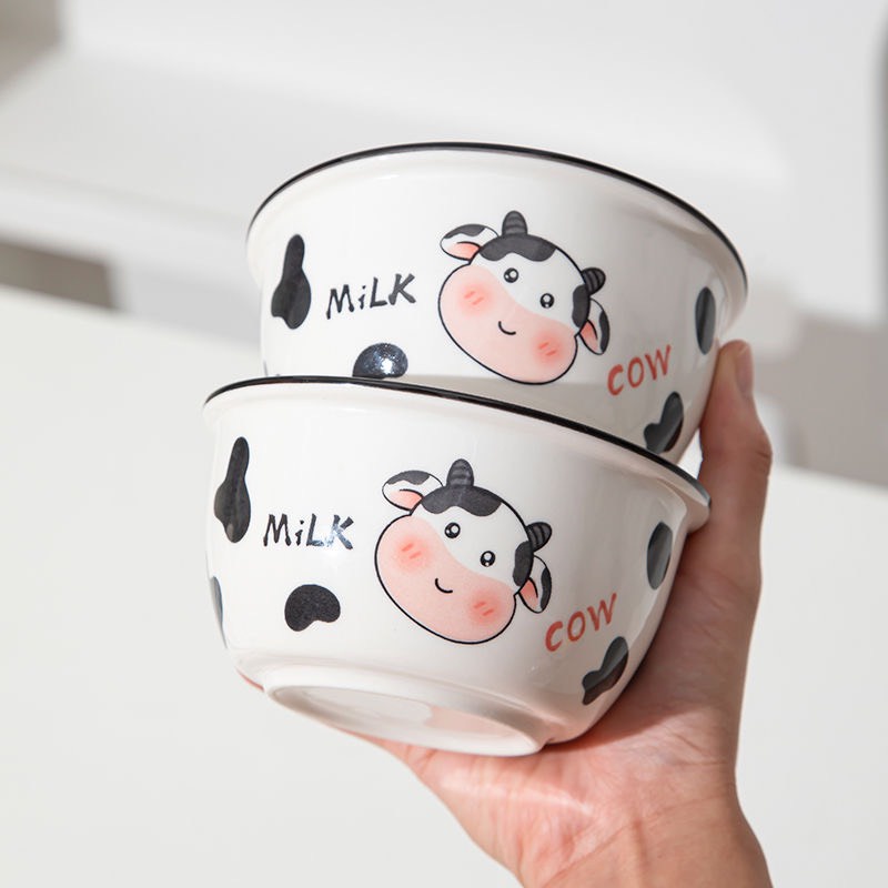 Set Bát Ăn Cơm Bằng Sứ Hình Con Bò Sữa Cute - Chén Ăn Cơm Ngon Miệng Cho Bé Hoạt Hình Dễ Thương Kèm Thìa