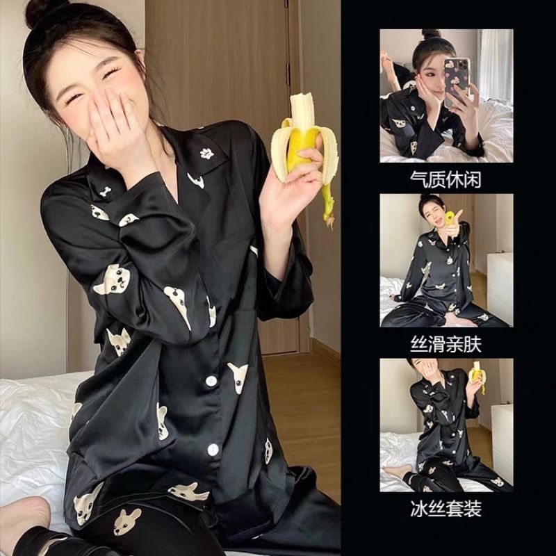 Bộ Đồ Ngủ Vải Lụa Satin Màu Xanh Dương In Hình Chú Chó Sang Trọng Cho Nữ