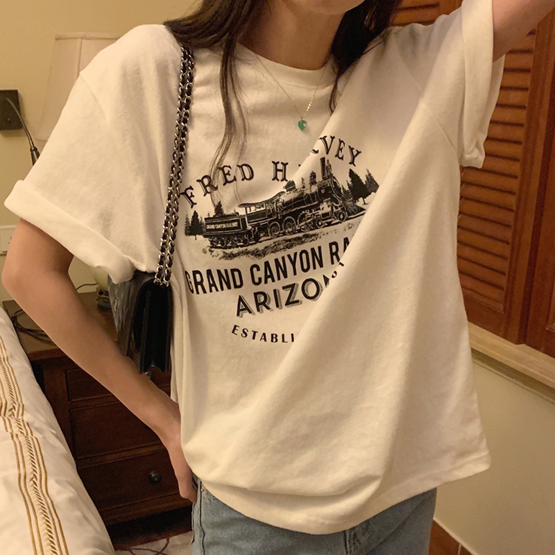 Áo Thun Cotton Tay Ngắn Cổ Tròn Dáng Rộng In Họa Tiết Đơn Giản Phong Cách Hàn Quốc Thời Trang Cho Nữ