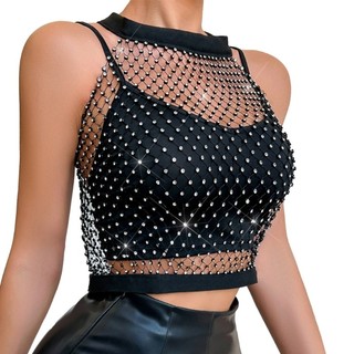 Hum Nữ Không Tay Lưới Kim Cương Giả Crop Tops Bãi Biển Mùa Hè Che Phủ Câu Lạc Bộ Đảng Sáng Nhìn Xuyên Qua Fishnet Xe Tăng Top