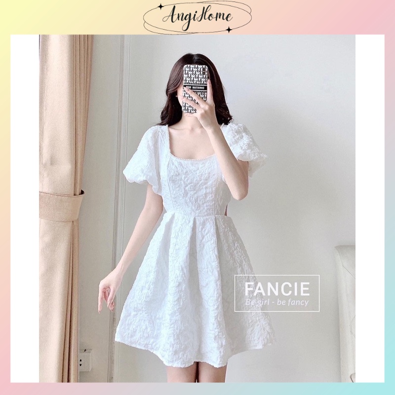 ĐẦM GẤM TRẮNG KHOÉT EO PHỐI NGỌC VIỀN CỔ VUÔNG TAY PHỒNG ANGI HOME