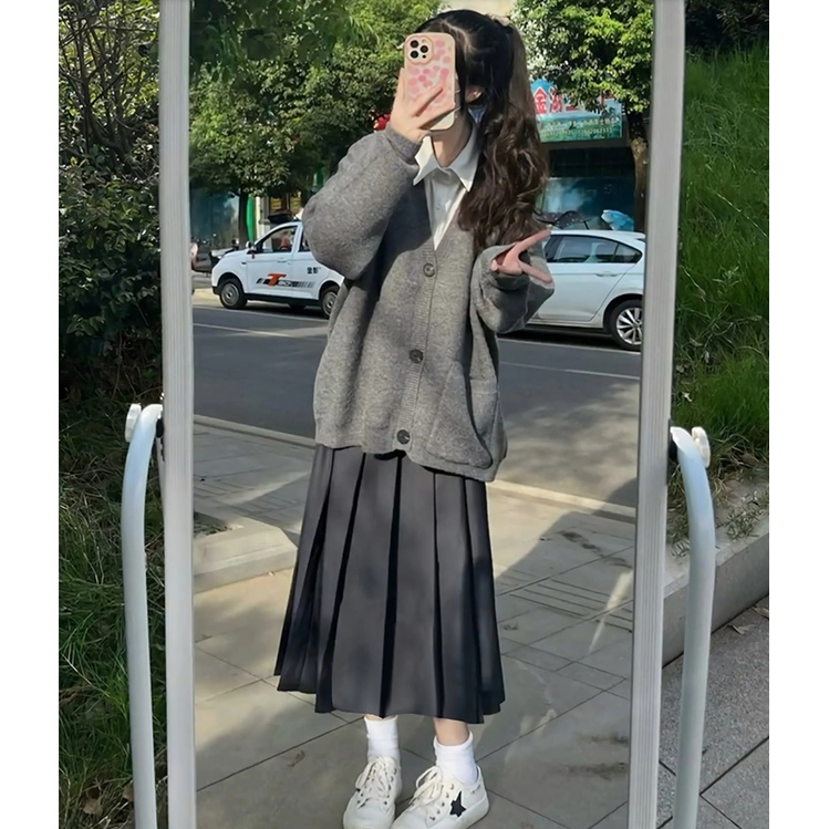 Hàng Mới Về Bộ Áo Khoác cardigan Dệt Kim + Chân Váy Eo Cao Xếp Ly Thời Trang Thu Đông Cho Mẹ Bầu 3023