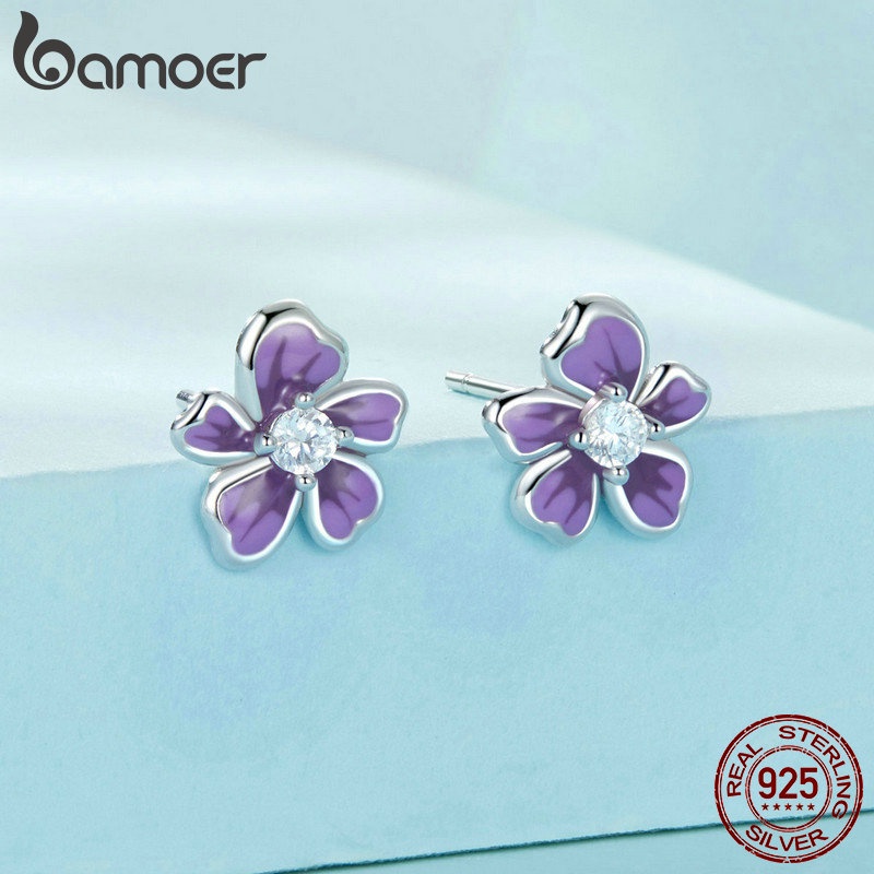 BAMOER Bông Tai bạc 925 Hình Hoa Tím