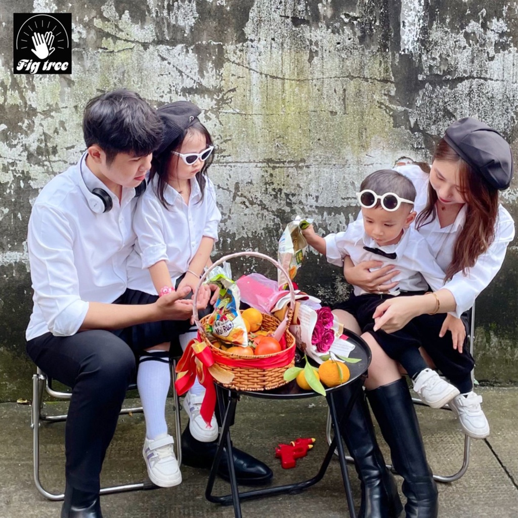 Set Áo Sơ Mi Gia Đình Fig Tree Màu Trắng Cho Gia Đình Đi Tiệc Thời Trang Giản Dị, Full size 8-110kg