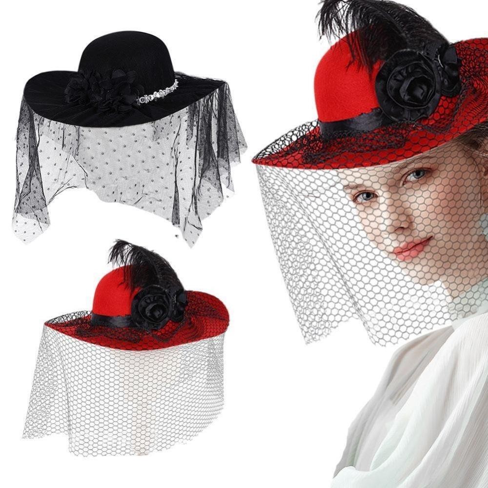 Mũ lưới Sombrero MERIGGIARE, Vintage với mũ che mặt hoa, Tiệc trà Cocktail Fedoras nỉ