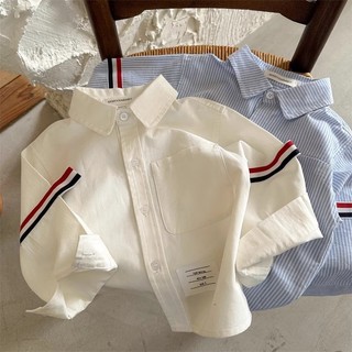 Trẻ Em 2025 Xuân Thu Phong Cách Bé Trai Đường Phố Webbing Áo Sơ Mi Thời Trang Cho Bé Sọc Bỏ Túi Áo Top Quần Áo