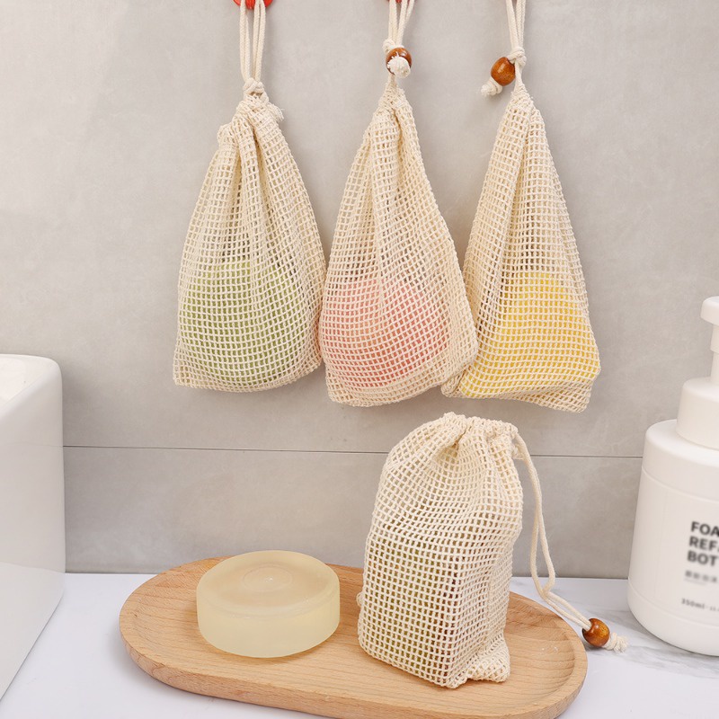 [Fatured] Túi Lưới Đựng Xà Phòng / Bông Tắm Tẩy Tế Bào Chết Bằng cotton Nguyên Chất handmade Có Dây Rút / Túi Đựng Xà Phòng Làm Sạch Da Mặt