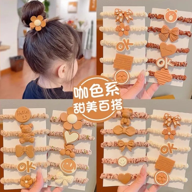 Set 5 Dây Cột Tóc Nhún Co Giãn Đính Charm Nhiều Màu Sắc Xinh Xắn Phụ Kiện Tóc Cho Nữ Và Bé Gái