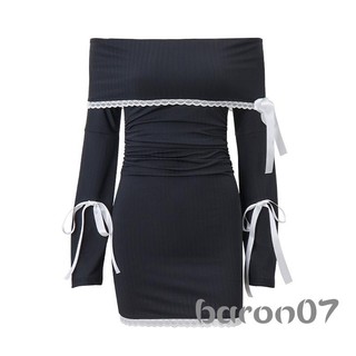 Phụ Nữ Bodycon Đầm Dài Tay Ngoài Vai Dây Buộc Ren Viền Đầm Mini