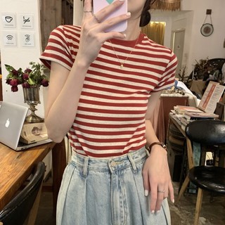 Áo thun nữ ngắn tay sọc đen hồng vải cotton co giãn, vai trước, mùa hè