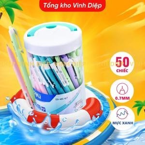 Bút bi bấm văn phòng mực xanh ngòi 0.7mm Deli hộp 50 chiếc giá rẻ viết nét đều trơn tru EQ03336