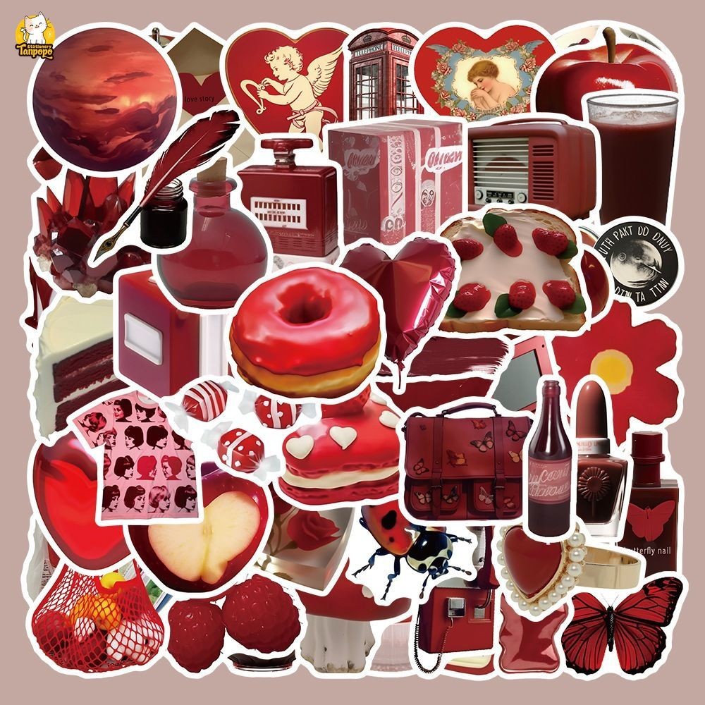 Set 50 cái sticker chống nước ĐỒ VẬT CUỘC SỐNG MÀU ĐỎ CÁ TÍNH AESTHETIC ...