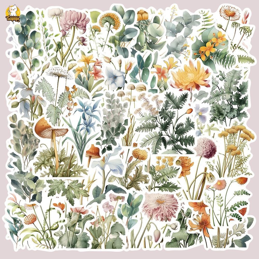 Set 10/20/50 cái sticker chống nước CỎ CÂY HOA LÁ XANH MƯỚT VINTAGE DỊU ...