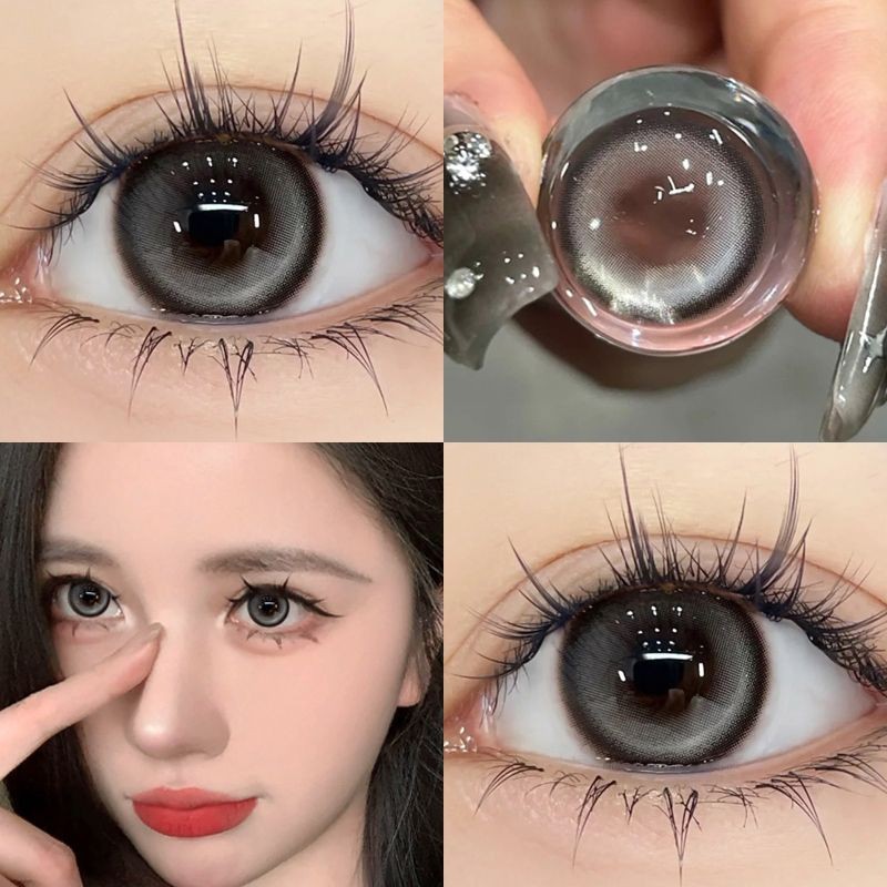 Set 2 Kính Áp Tròng Màu Đen contact lenses 0 ~ -8.00 black len 14.2mm lens cận lens nâu bean black 76