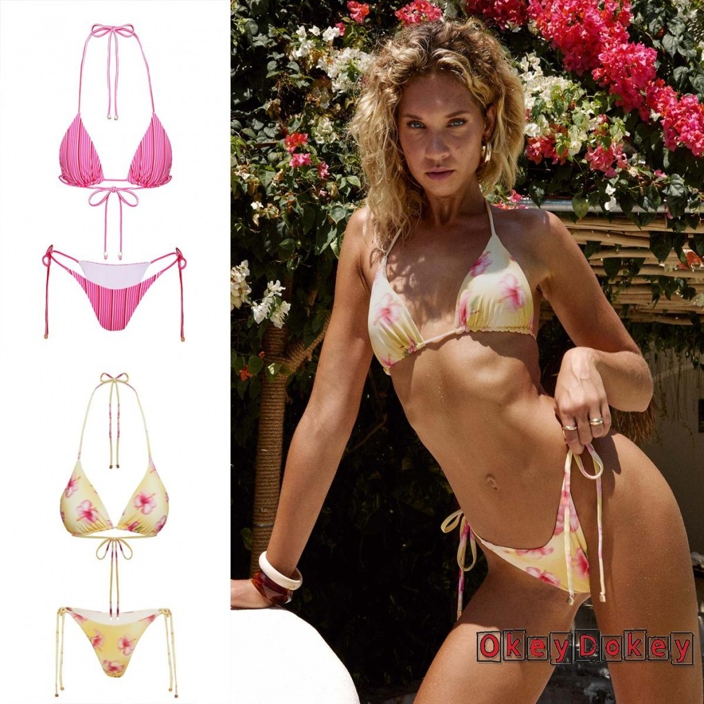 Okdk-bộ Bikini 2 mảnh dành cho nữ Bộ đồ tắm có dây buộc hoa / sọc cổ dây cạp thấp Bộ đồ tắm cho bãi biển bể bơi