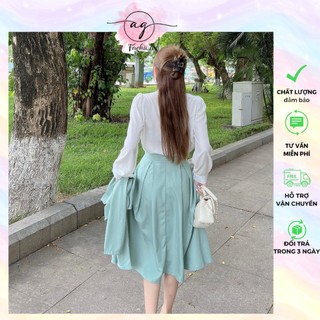 SET 3 MÓN : ÁO KHOÁC NÚT TAY DÀI CROPTOP + ÁO SƠ MI THẮT NƠ + CHÂN VÁY MIDI XANH AG.FASHION
