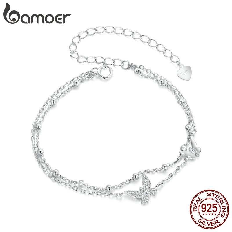 Bamoer 925 Sterling Sliver Vòng Tay Hai Lớp Bướm Vòng Tay Trang Sức Quà Tặng Cho Nữ BSB154